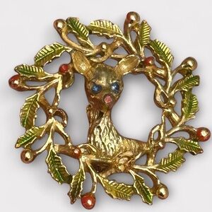 Vintage Gerry's Reindeer Brooch with Enamel Wreath